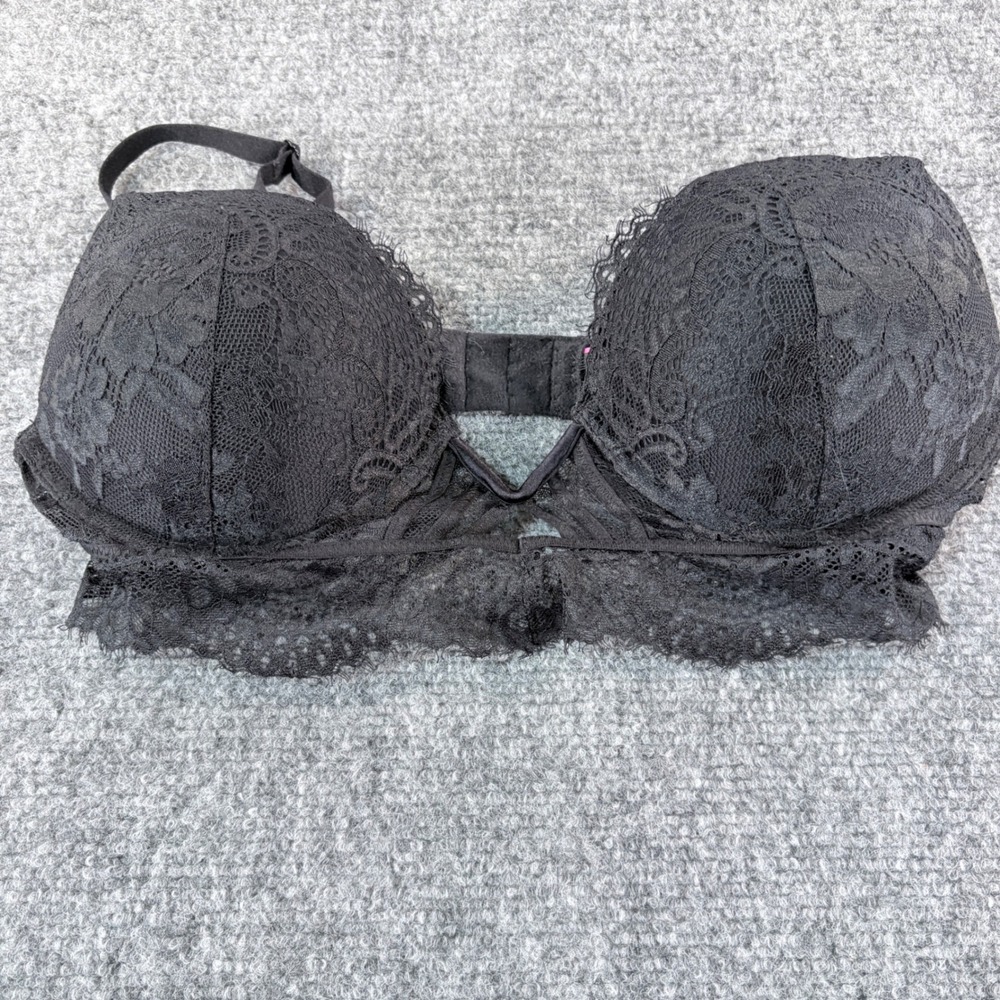 La Senza Hello Sugar Plunge Bra Black Lace Double Push Up 32C Underwire